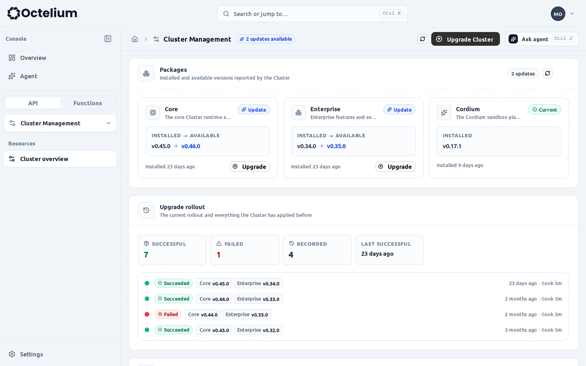 Installed package versions, available updates and the history of upgrade rollouts