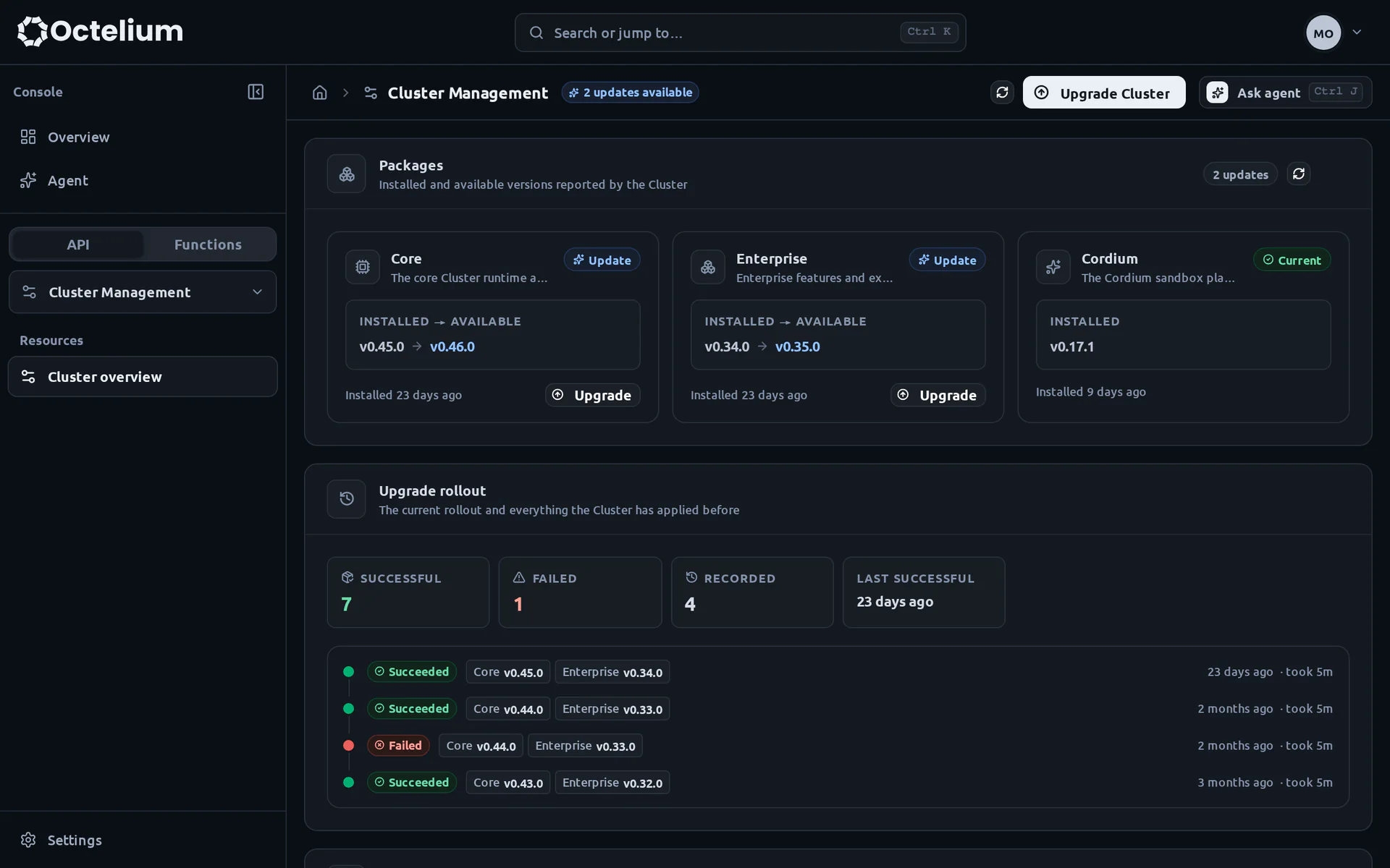 Installed package versions, available updates and the history of upgrade rollouts