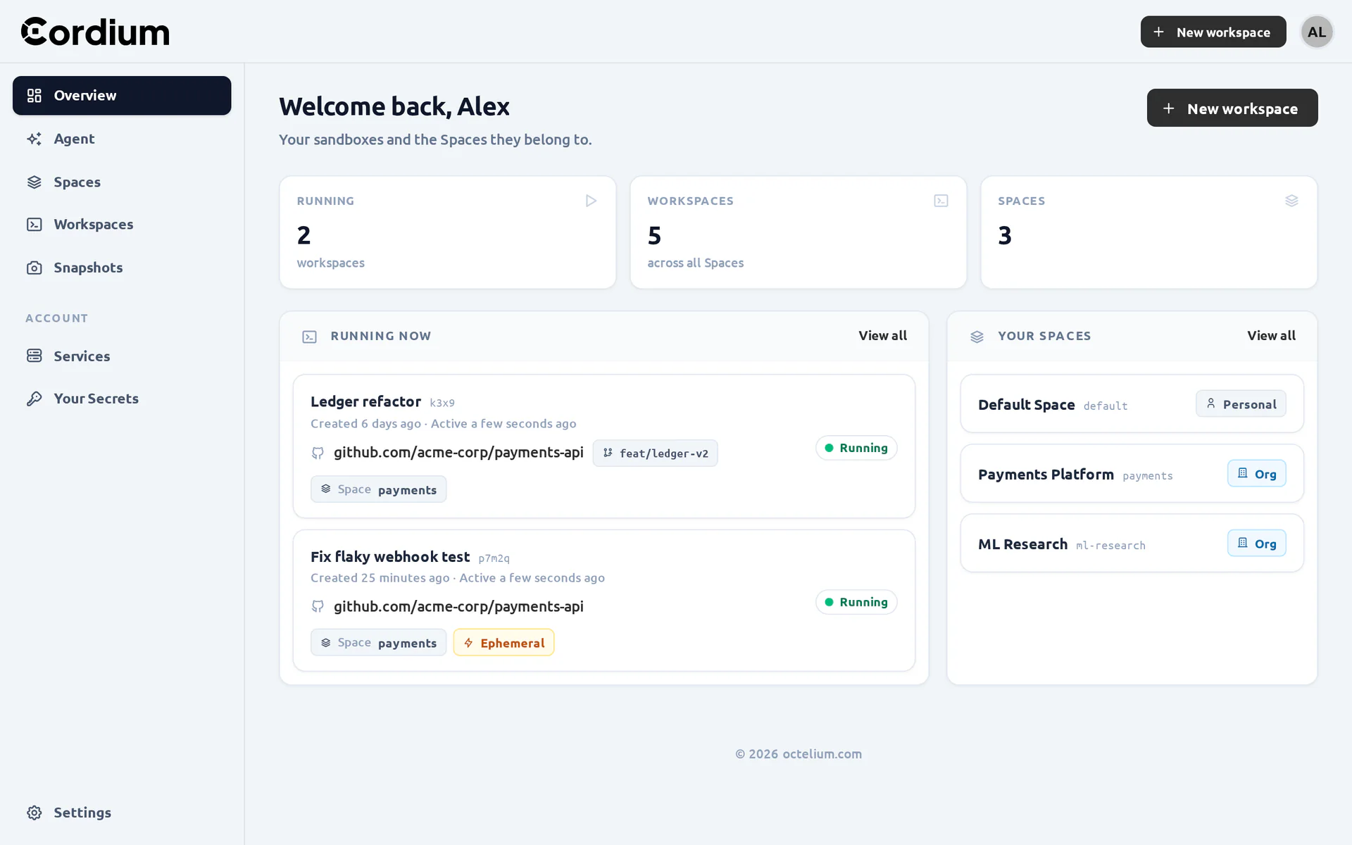 The Cordium web portal dashboard showing two running Workspaces and three Spaces