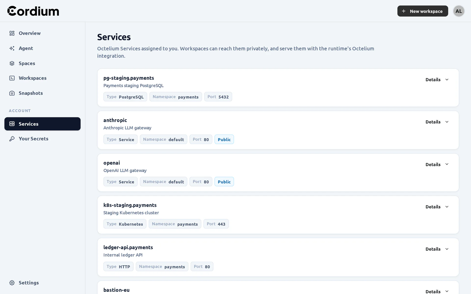 The list of Octelium Services available to the User