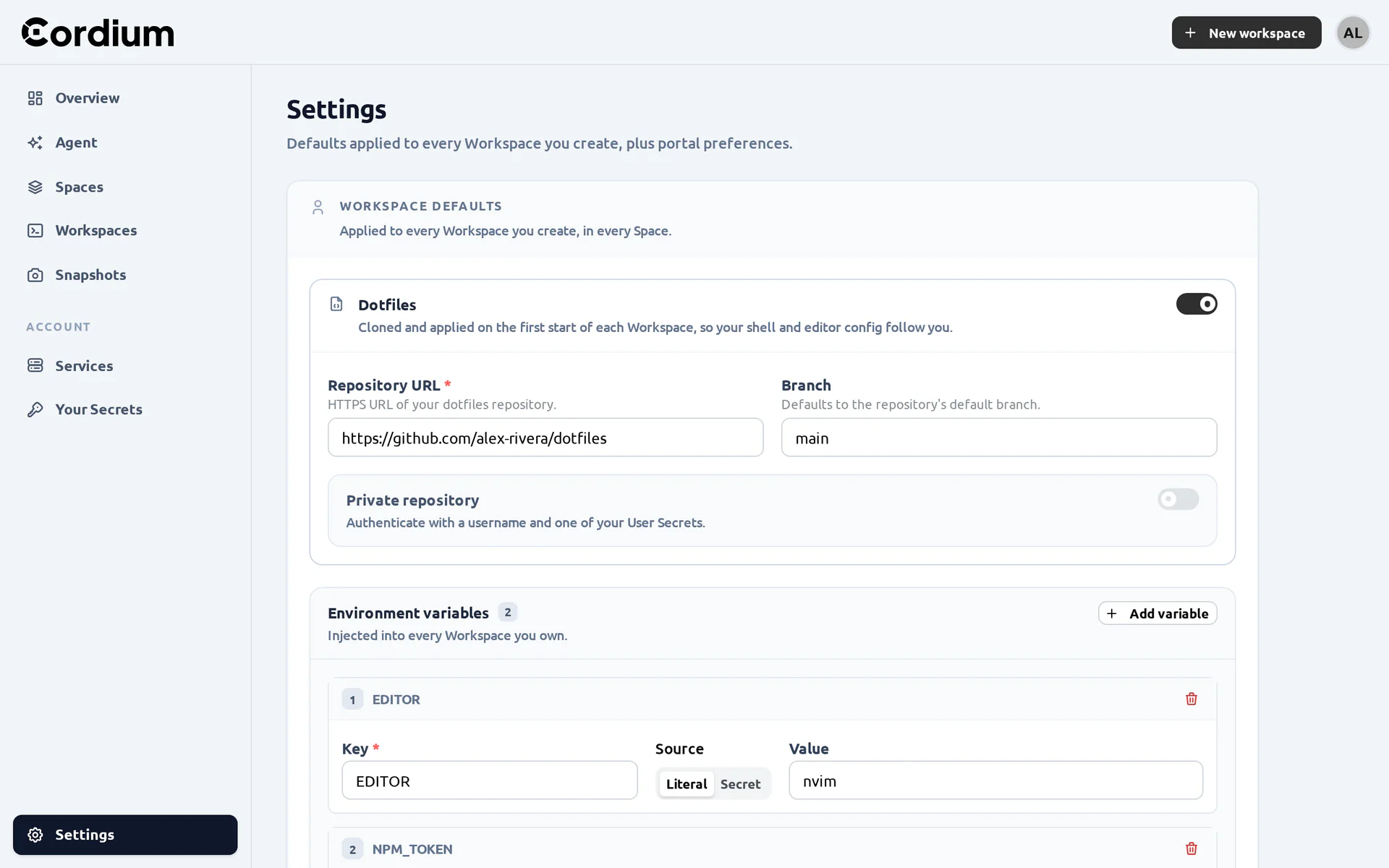 The Settings page with the dotfiles and environment variables of the UserConfig