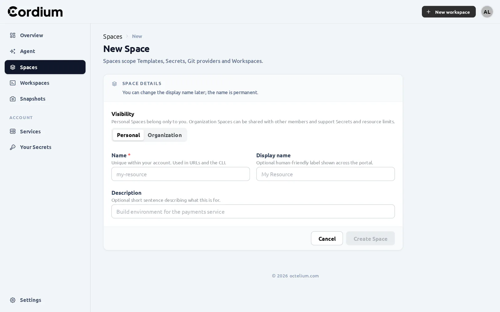 Creating an organization Space from the web portal