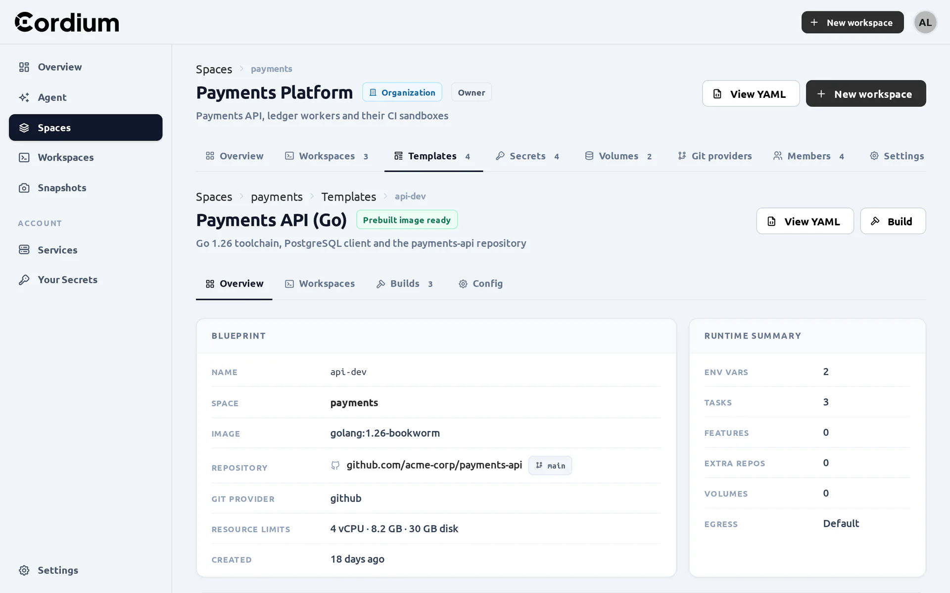 The overview of a Template with its blueprint and runtime summary
