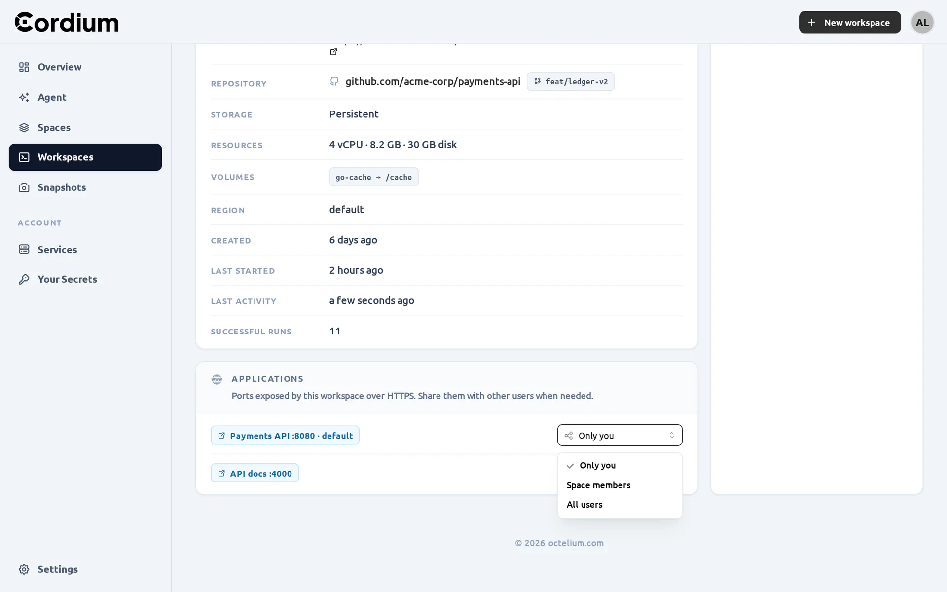The Applications panel of a Workspace with the sharing menu open
