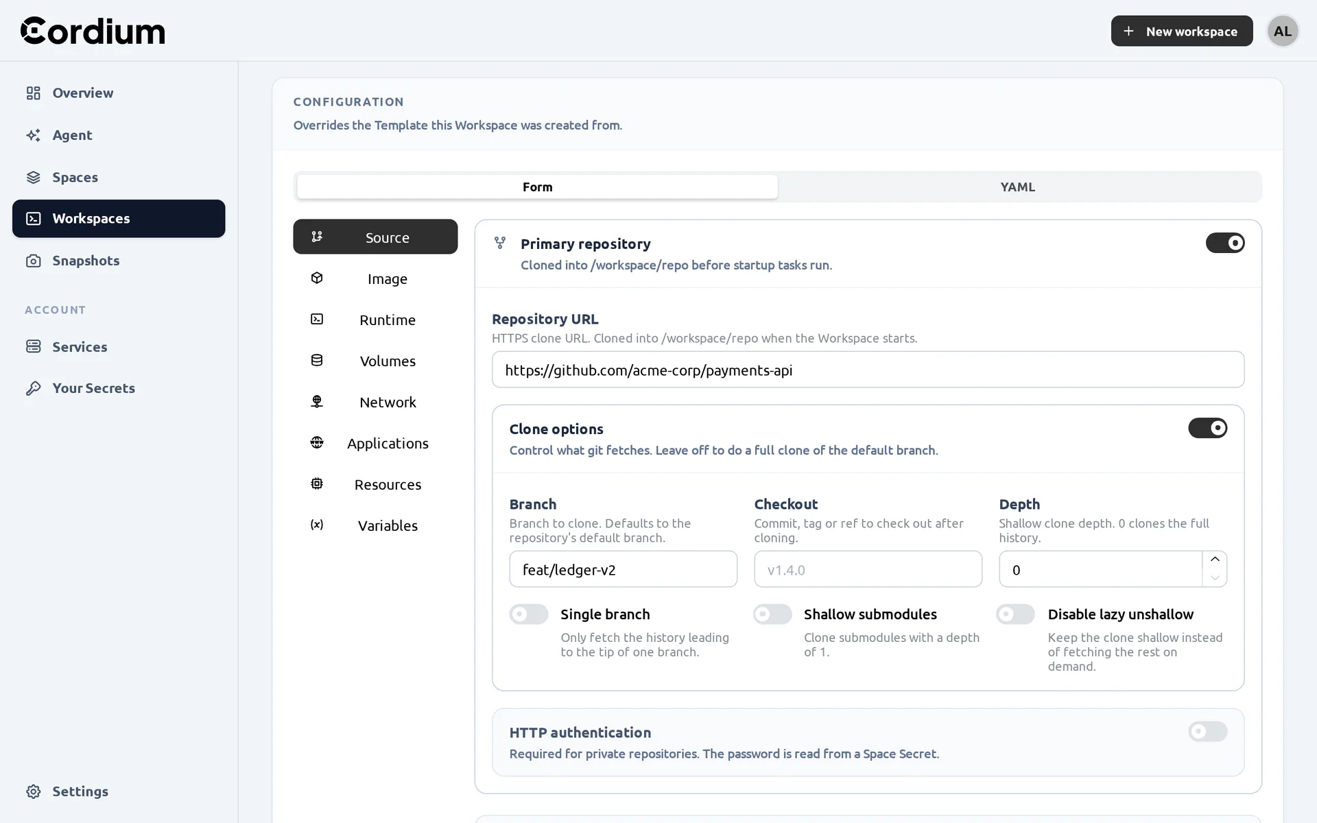 The configuration form of a Workspace
