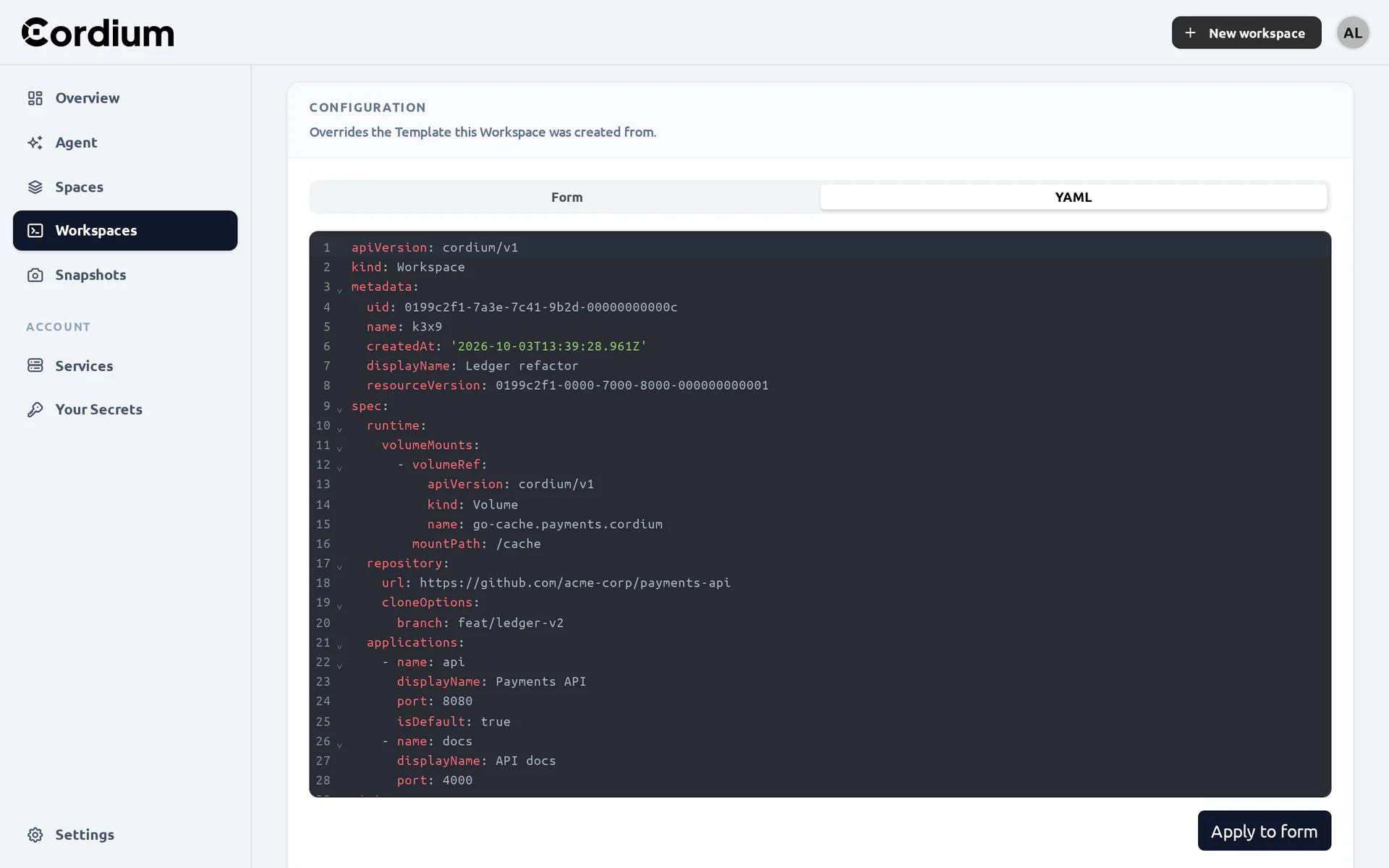 The YAML editor of a Workspace