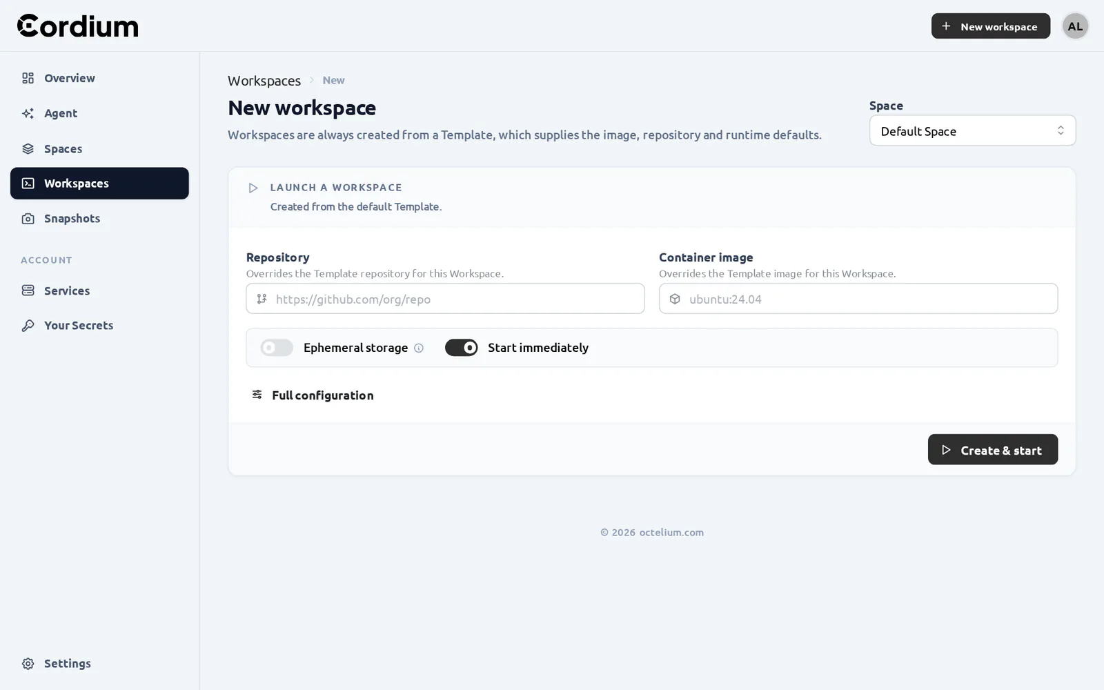 Creating a Workspace from the web portal and following its initialization logs until it is running
