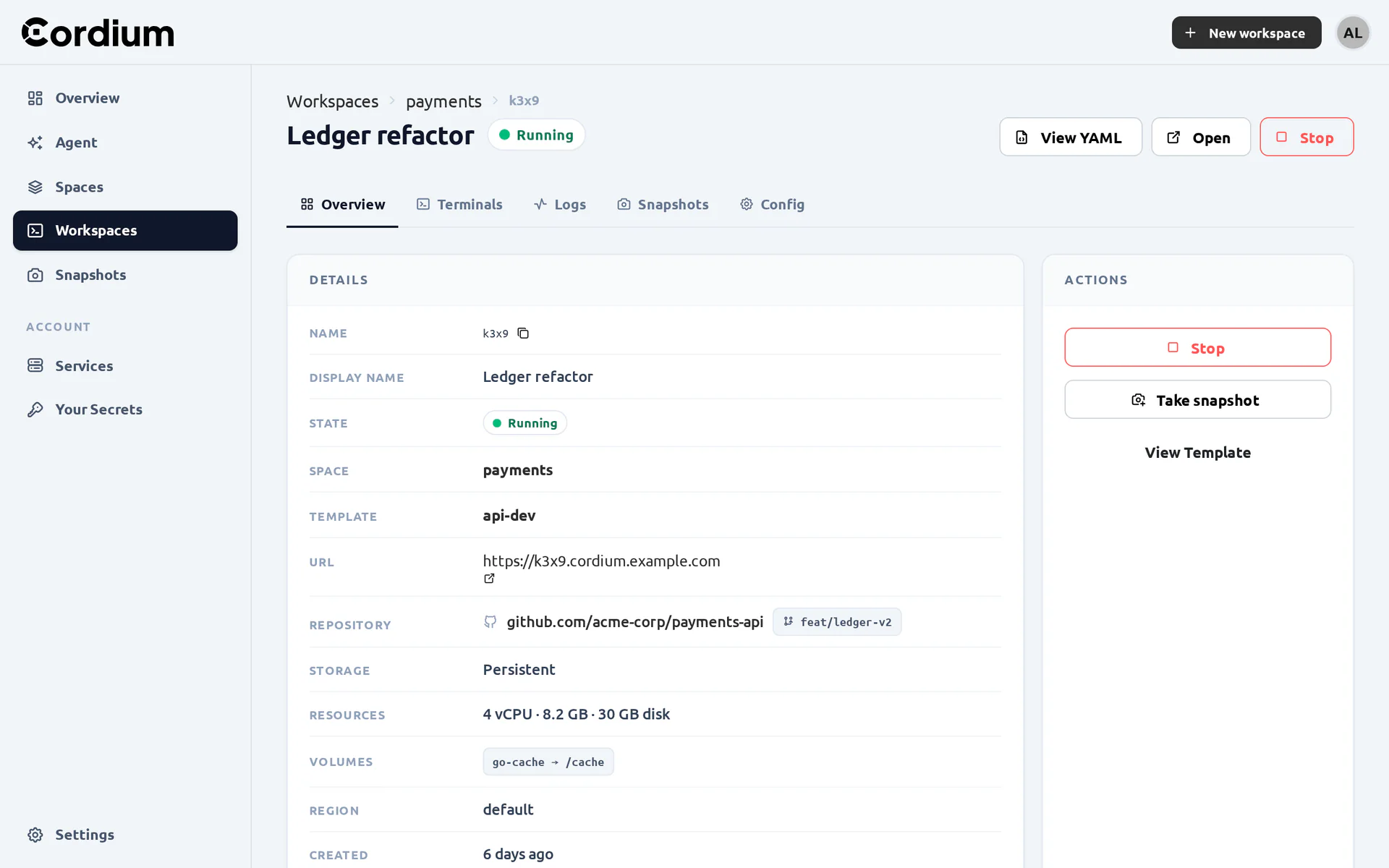 The overview of a running Workspace with its details and actions